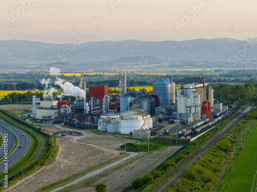 Bioagra Goswinowice Ethanol Production Plant located near Nysa in Poland. Aerial drone view of methanol and ethanol factory plant.  Polish producer of bioethanol and ethanol produced from corn grain.