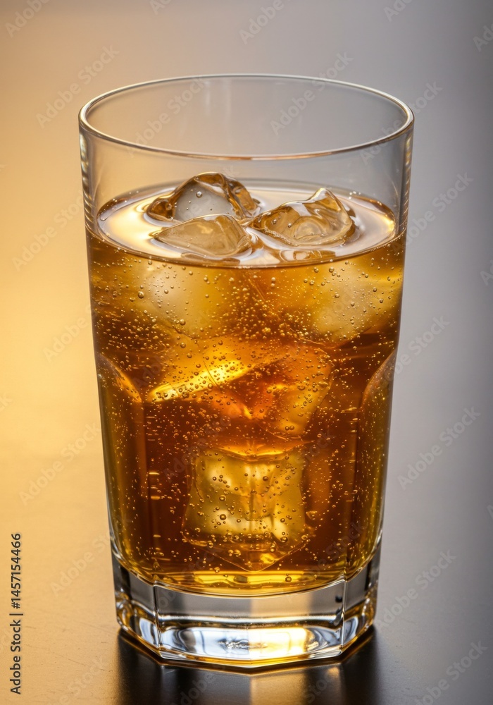 Iced Golden Beverage in a Glass with Ice Cubes Iced Golden Beverage in a Glass with Ice Cubes