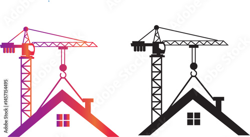 Vector illustration shows a house on the roof at a construction site with a crane building a new urban structure