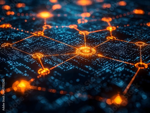 Interconnected digital network nodes converging into a central hub