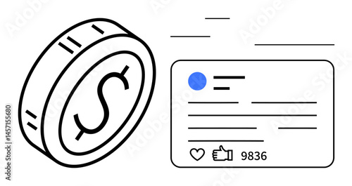 Coin with dollar sign symbolizing monetization alongside a social media card showing thumbs ups and engagement metrics. Ideal for finance, marketing, online business, social media, digital economy