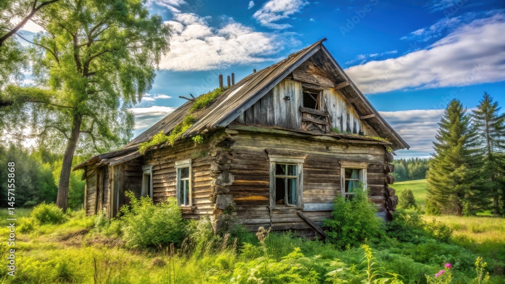 Ruined wooden house in rural Russia with overgrown garden and dead trees , crumbling, nature, crumbling, nature, waste Ruined wooden house in rural Russia with overgrown garden and dead trees , crumbling, nature, crumbling, nature, waste