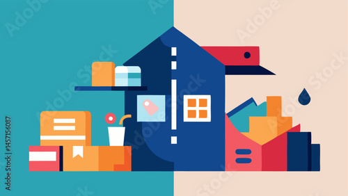 Before and After A split showing a tidy home on one side and chaos on the other side where ecommerce packaging has taken over with boxes spilling into living spaces.