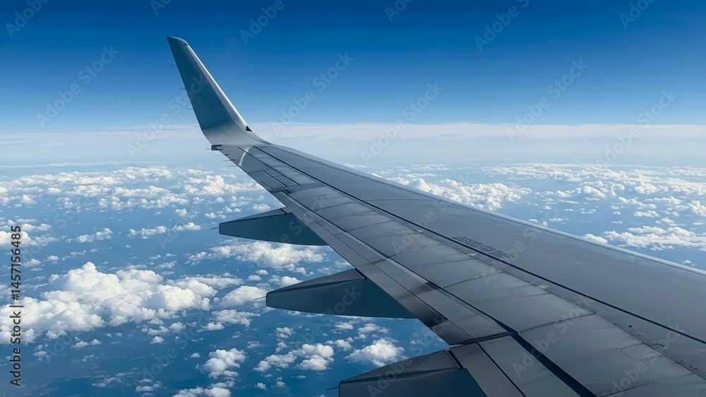 Airplane Wing Over Clouds in Clear Blue Sky Airplane Wing Over Clouds in Clear Blue Sky