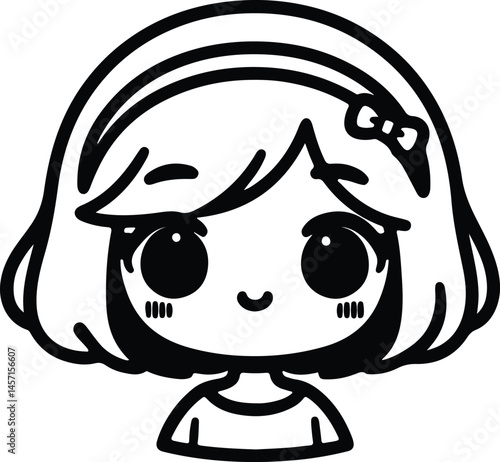 Kawaii Girl Character Line Art  Black and White Cartoon Design

