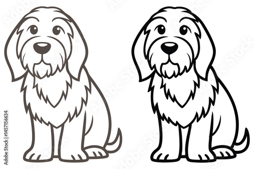 A cartoonish furry puppy sits patiently with a simple black outline vector