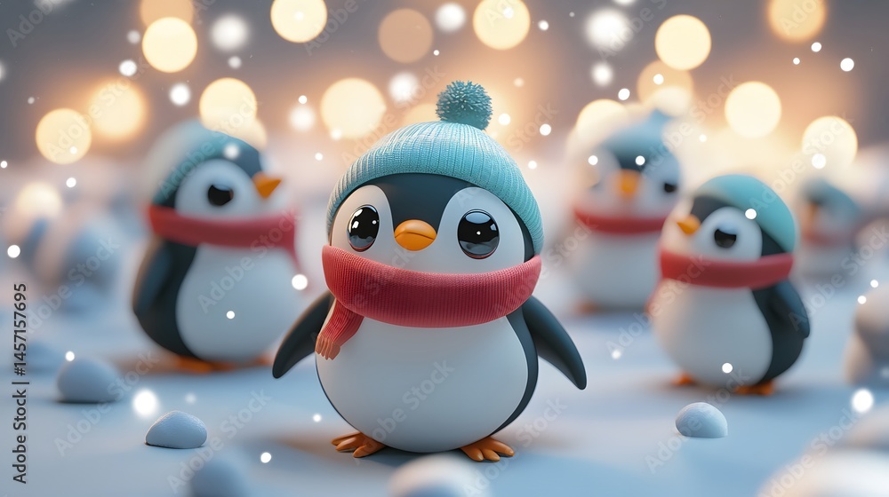 Obraz premium Cute cartoon penguins in winter attire amidst sparkling snowfall.