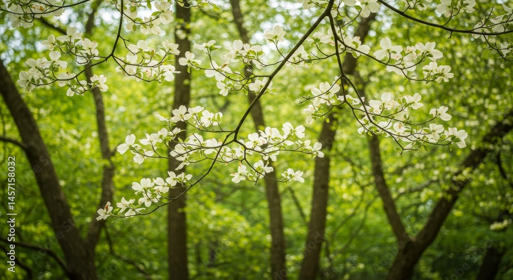 Fototapeta premium White Blossoms on Green Branches in a Forest