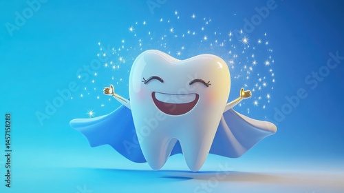 Happy cartoon tooth wearing a superhero cape sparkles joyfully  
