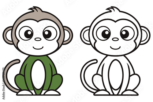 Cute cartoon monkey with green belly sits alongside a line art version on white