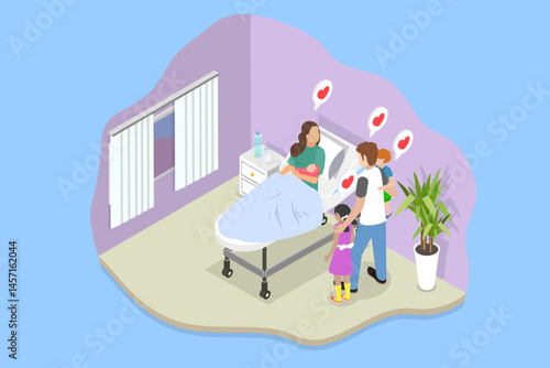 3D Isometric Flat Vector Illustration of Perinatal Center, Pregnancy and Breastfeeding Concept