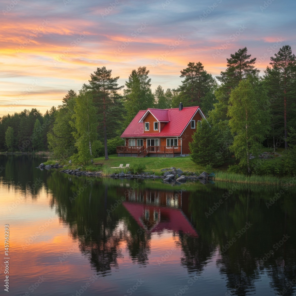 Fototapeta premium Lakefront Cabin Sunset Reflection