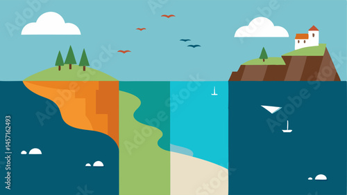 Change Over Time A multipanel that shows the same coastal landscape across different years highlighting significant changes due to rising sea levels and erosion.