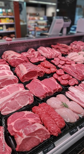 Variety of Fresh Meat Cuts Displayed in a Supermarket