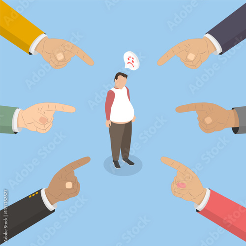 3D Isometric Flat Vector Illustration of Bullying and Discrimination, Obese Person Targeted And Excluded