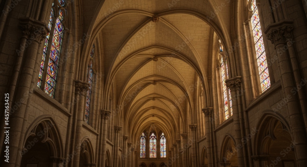 Fototapeta premium Gothic Cathedral Interior with Stained Glass Windows