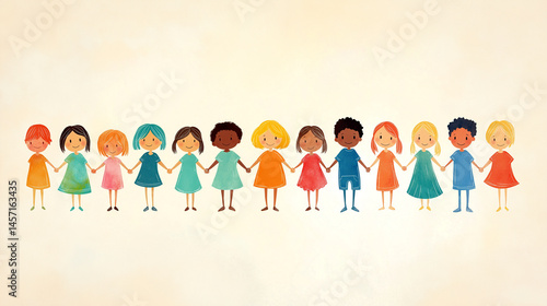 Heartfelt illustration of children from diverse backgrounds holding hands together in unity and friendship