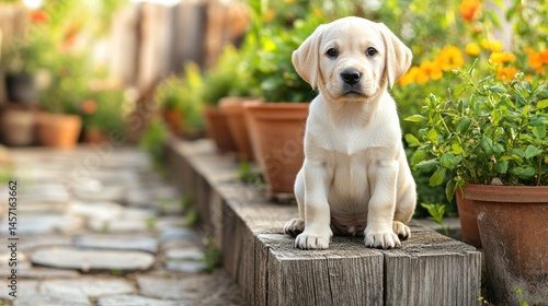 Adorable yellow lab puppy sits on garden wood