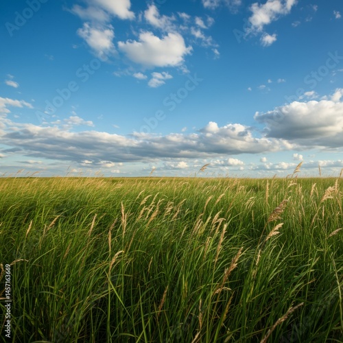 Vast Green Grass Field Under Blue Sky with Clouds