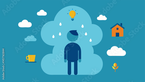 Clouds of Worry A figure standing under a cloud filled with icons representing worries and responsibilities such as a house an office and a child with rain drops symbolizing