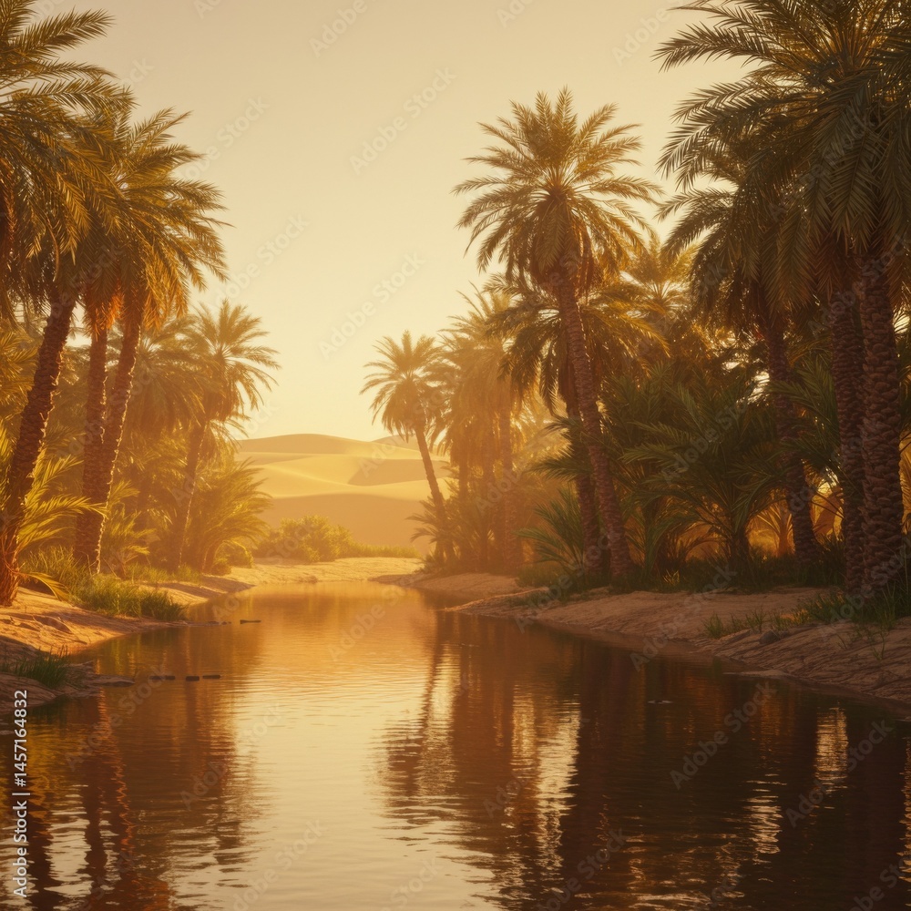Obraz premium Golden Hour Oasis: Calm River Reflecting Sunset Light Through Lush Palm Trees