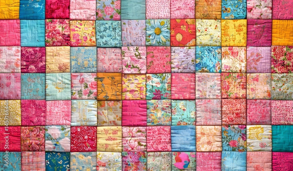 A diverse and intricate quilt showcases a broad spectrum of colors, a range of textures, and an assortment of stitched patterns and designs A diverse and intricate quilt showcases a broad spectrum of colors, a range of textures, and an assortment of stitched patterns and designs