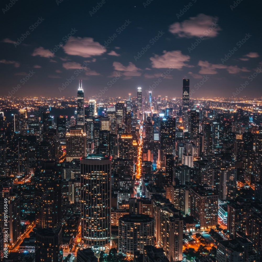 Night Cityscape: Aerial View of Illuminated Urban Skyline Night Cityscape: Aerial View of Illuminated Urban Skyline