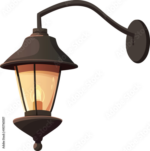 Vintage-style wall-mounted lamp emitting warm light. The lamp has a classic design with a curved arm and a dark finish, set against black.