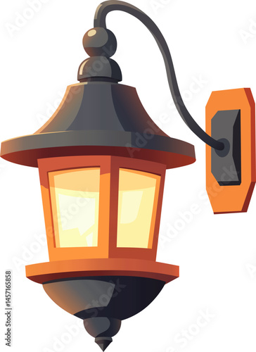 A warmly lit, cartoon-styled outdoor lamp, mounted on a wall, casts a gentle glow against the dark backdrop, creating cozy ambiance.