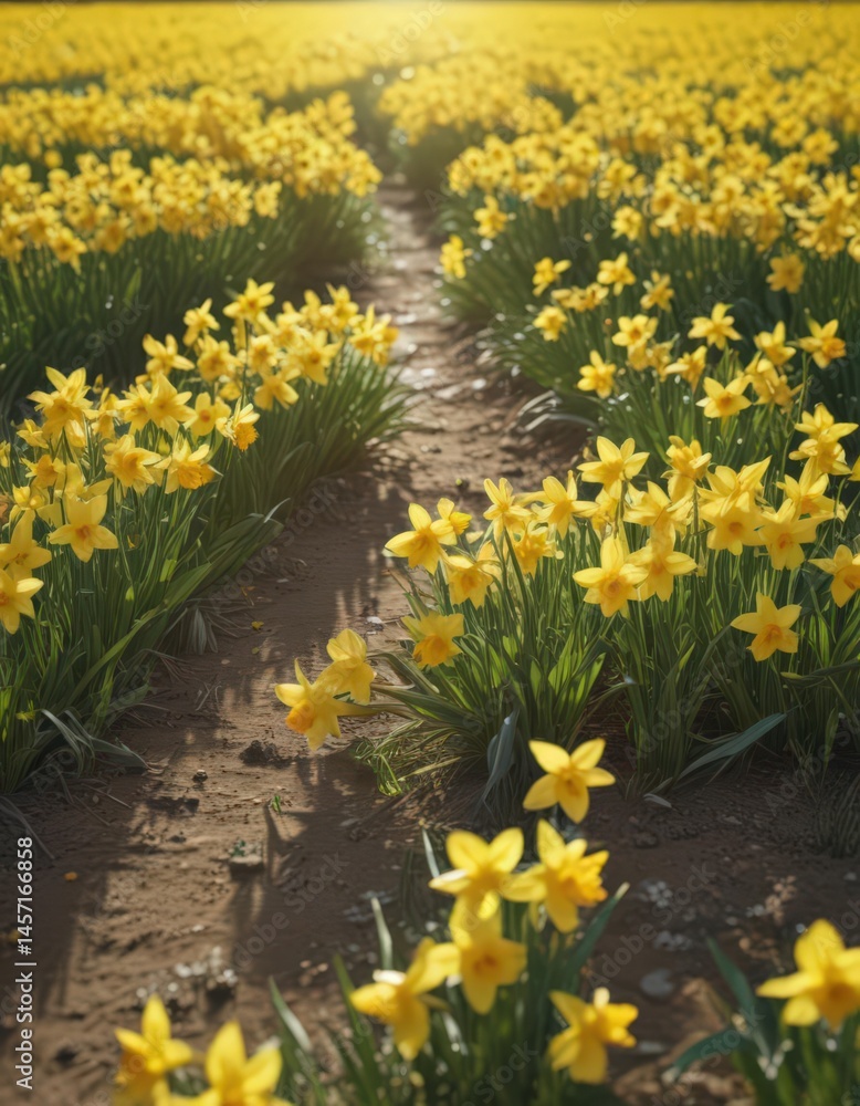 Obraz premium Glistening daffodil petals, sunny field, cheerful yellow blooms , bright, daffodil bloom, nature
