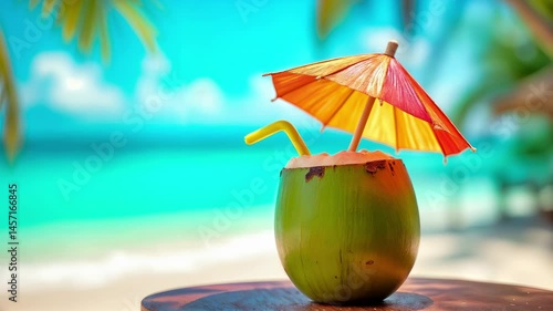 Wallpaper Mural Tropical coconut drink with colorful cocktail umbrella and yellow straw on beach. Green fresh fruit beverage for summer vacation relaxation by turquoise ocean water. Paradise island retreat Torontodigital.ca