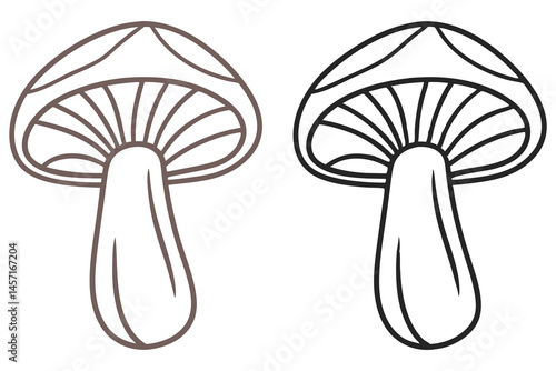 Two outlined mushrooms, one in brown and the other in black, stand on transparent backgrounds
