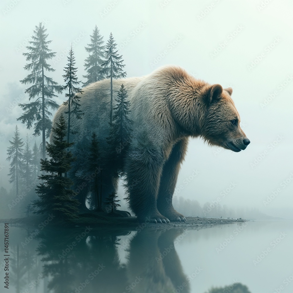 Grizzly bear standing majestically in a misty forest landscape