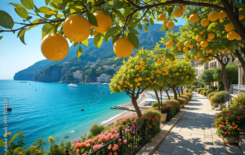 amazing sea shore landscape with blue water and abundome   blossoming  garden.  Ai generated