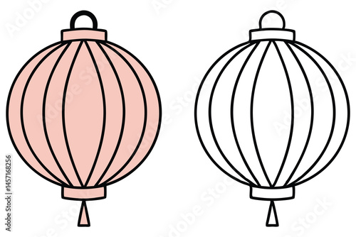 Two hanging festive lanterns are visible in both colored and outline versions on white