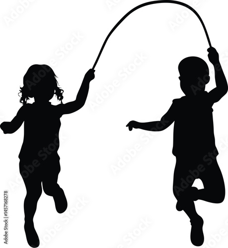 children skipping rope silhouette,  children playing with a jumping rope silhouette