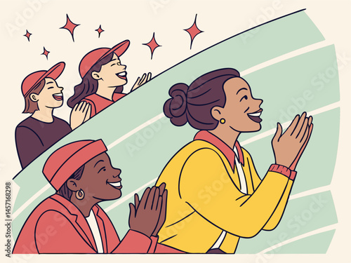 Cheerful Women Cheering at a Game: Illustration of Fans in Hats, Applause, Joyful