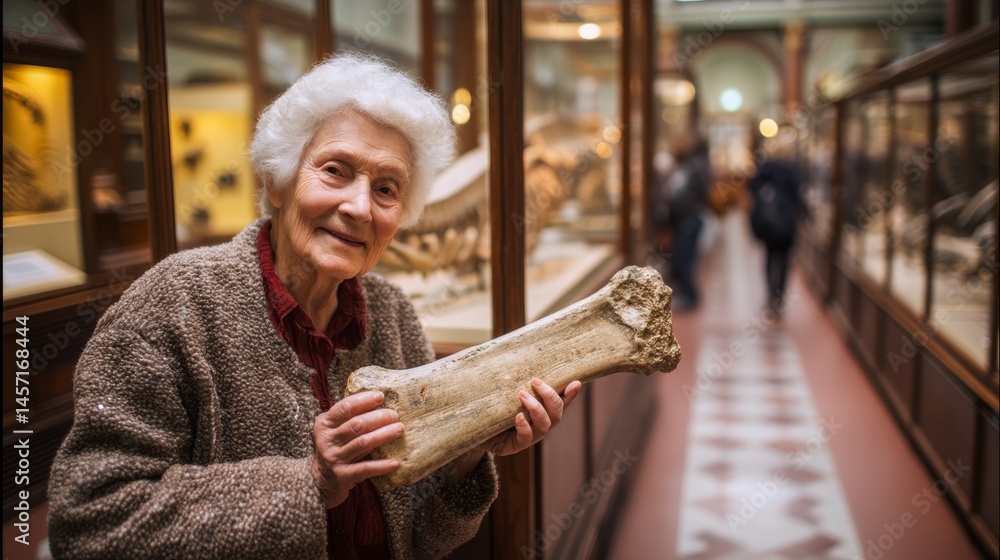 Naklejka premium Senior lady holding massive dinosaur bone in natural history museum