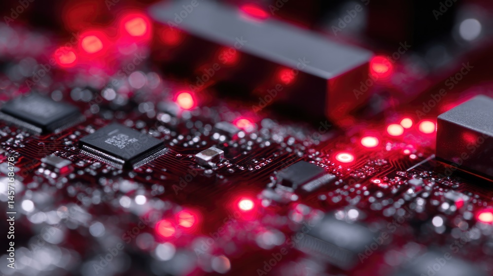 Obraz premium Abstract Close-up of Red Circuit Board with Glowing LEDs, Technology Background