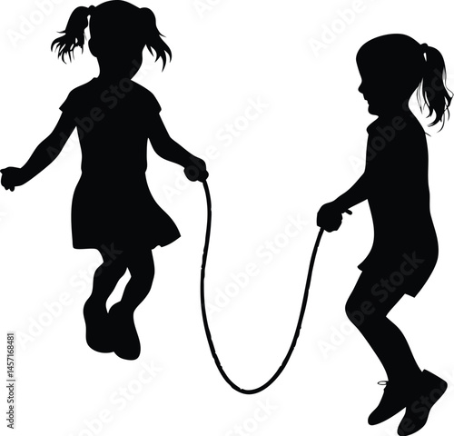 children skipping rope silhouette,  children playing with a jumping rope silhouette