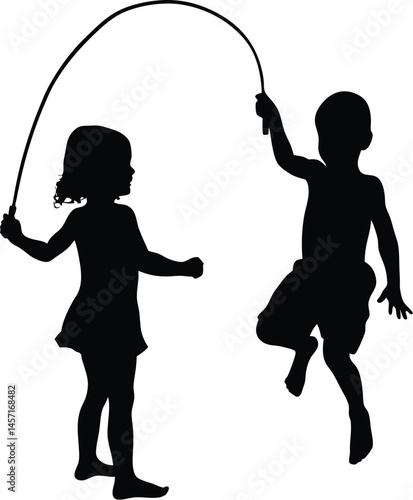 children skipping rope silhouette,  children playing with a jumping rope silhouette