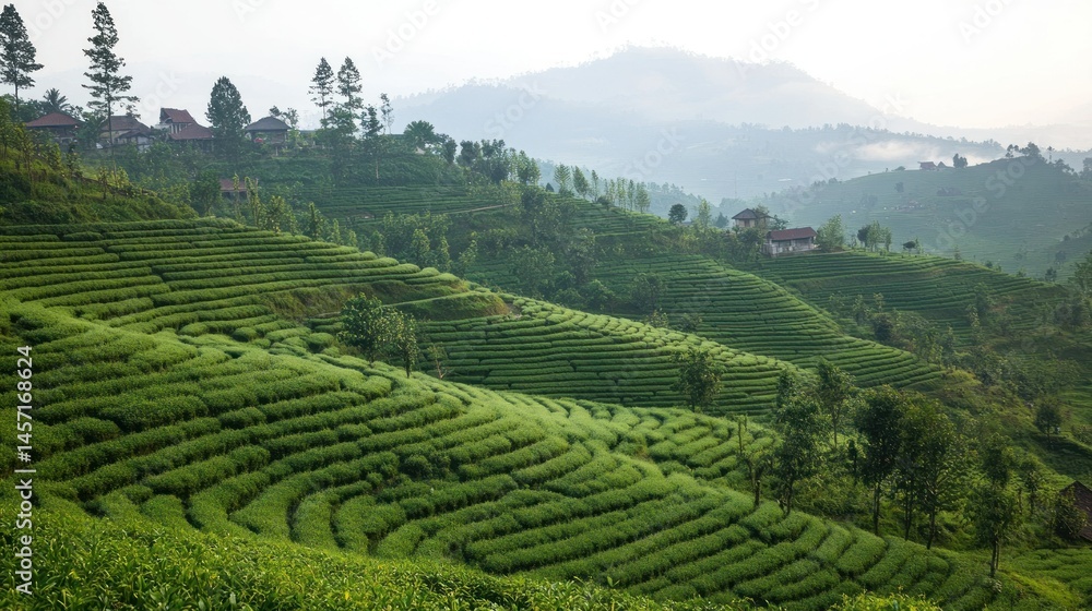 Naklejka premium Lush green tea terraces create scenic landscape over rolling hillsides