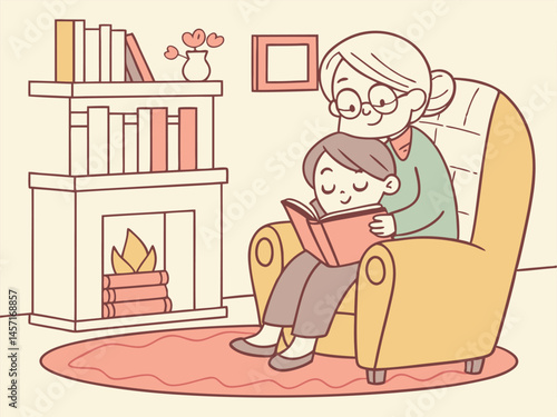 Cozy Illustration: Grandma Reading Storybook to Grandchild in Armchair by Fireplace