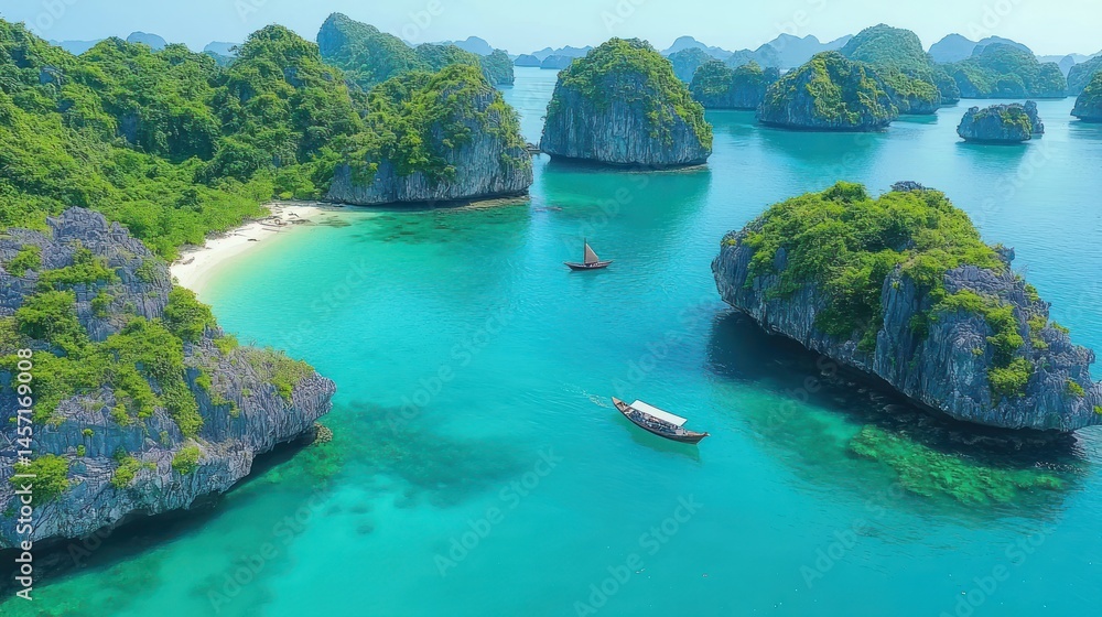 Obraz premium Tropical island bay, aerial view of boats, pristine beach