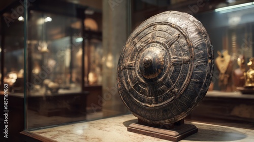 Antique shield showcased on museum display pedestal