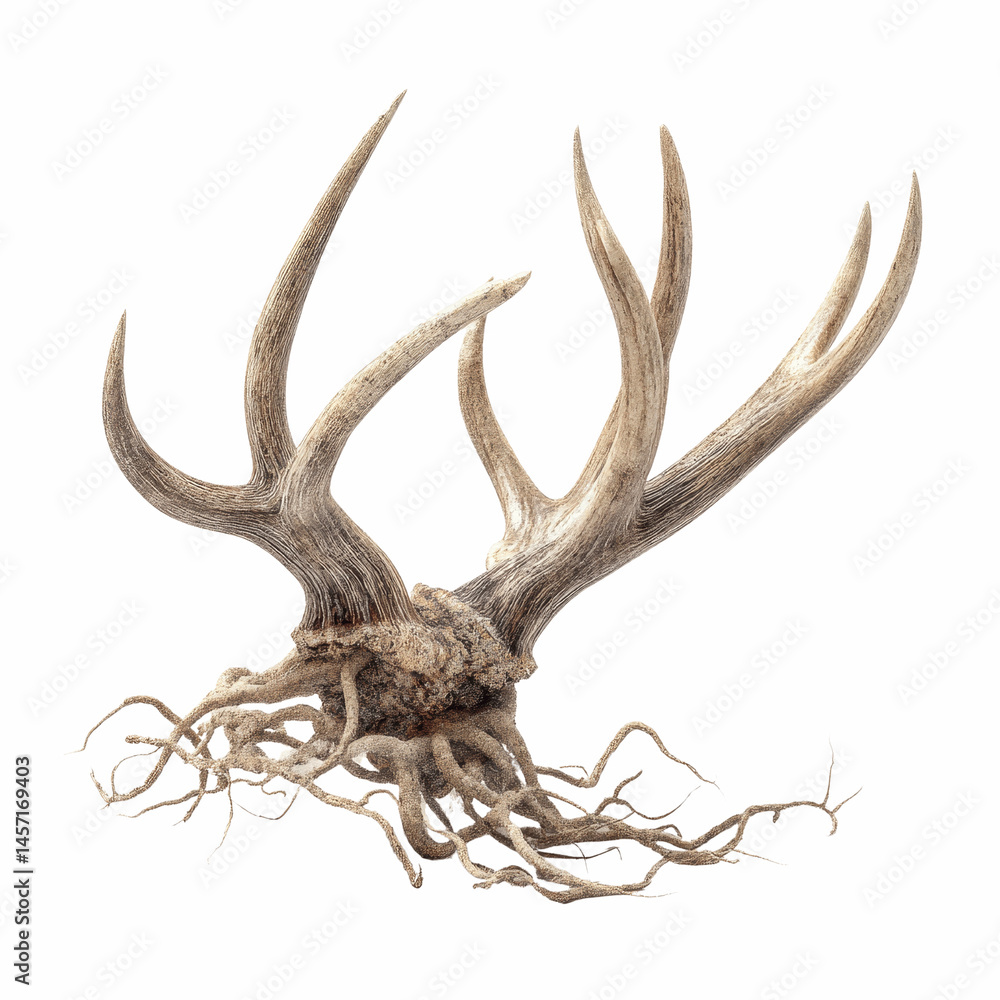 Fototapeta premium Antlered Tree of Life Surreal Roots and Branches Against Vibrant Magenta