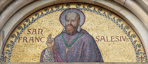 Milan - The mosaic of St. Francis de Sales on the church Chiesa di San Agostino designed by Ludovico Pogliaghi from 20. cent.