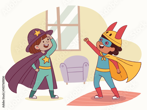 Kids in Superhero Costumes Playing Indoors: Cartoon Illustration