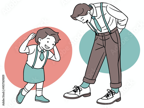 Illustration of a Father and Daughter in Vintage Attire, Playful Interaction, Retro Style