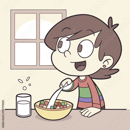 Cartoon Girl Pouring Milk on Cereal, Breakfast Scene, Illustration Style, Cute Kid
